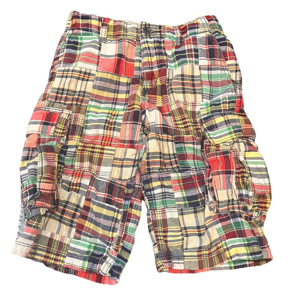 Gap Kids Madras Plaid Cargo Shorts Blue Yellow Green Flat Front Preppy Size 12